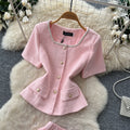 Xiaoxiangfeng pink two-piece set women's summer short-sleeved high waist waist light mature style pleated skirtaccessible luxuryelegantsuit