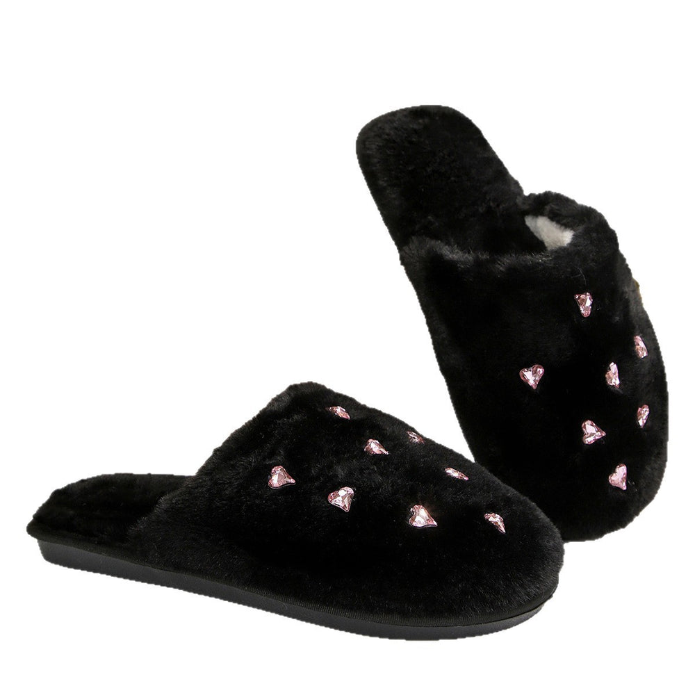 2025 winter new arrival: rhinestone heart slippers - closed toe, extra thick, warm, comfortable plush cotton slippers - dropshipping available