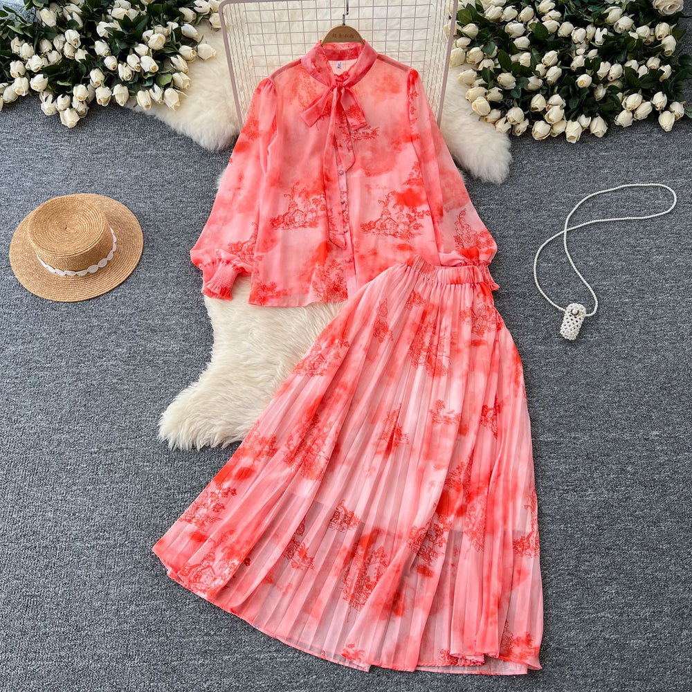 Gentle wind two-piece set women's frenchclassy sense bowstie back lantern sleeve printingshirt drape skirt