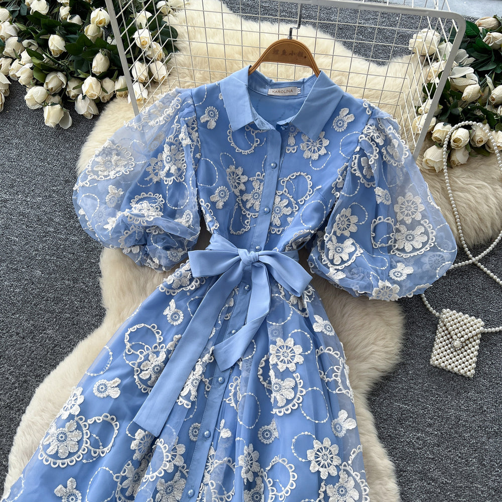 French chic blue lace dress - women's summer bubble sleeve a-line maxi dress - slim fit & figure flattering - new  collection