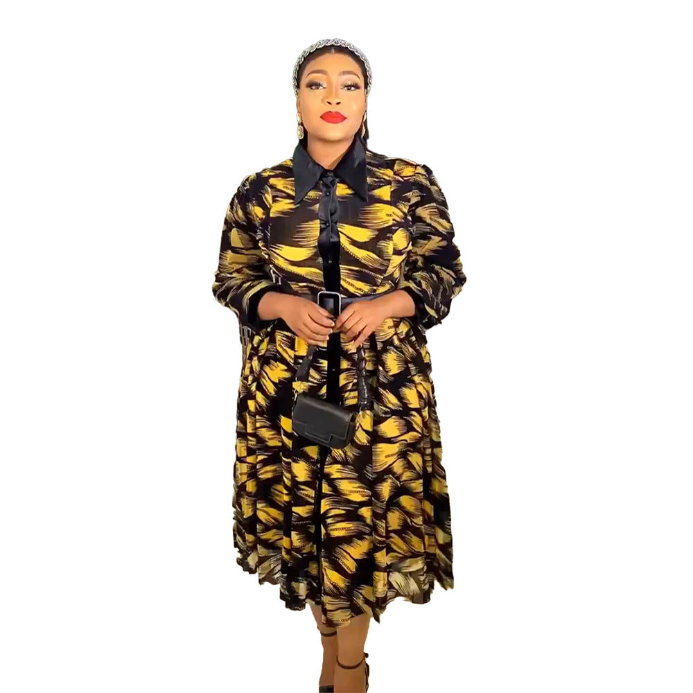Aliexpress cross-border plus size african chiffon printed women's new shirt collar ol commuter dress with belt