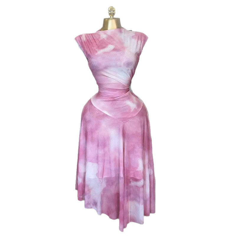 European and American  women's clothing 2025 summer new temperament sweet semi-turtleneck printed high-waisted irregular dress