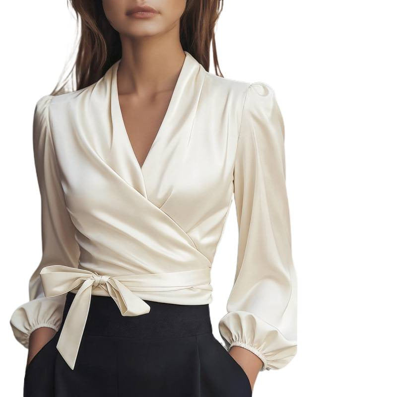European and american independent store new v-neck elegant satin tie-waist top for women