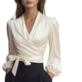 European and american independent store new v-neck elegant satin tie-waist top for women