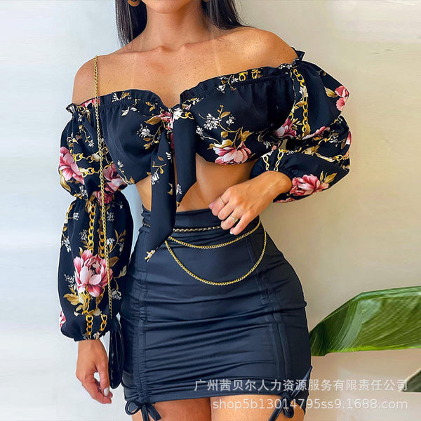 LZJ2253  new women's clothing European and American one-word shoulder lace-up long-sleeved top + pleated skirt set