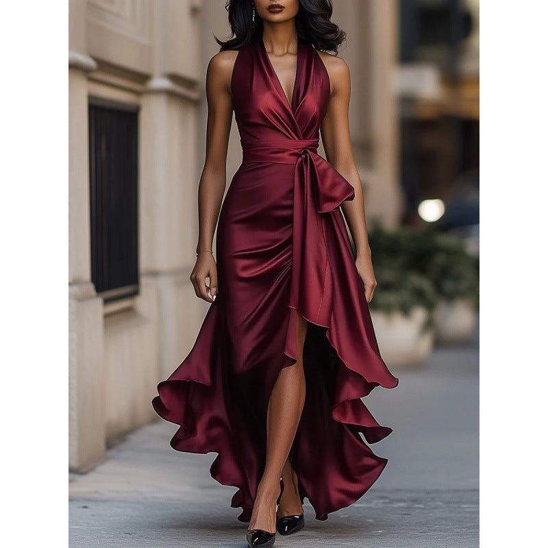 New european and american independent website style: cross-border satin v-neck sleeveless ruched waist ruffle hem elegant dress