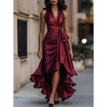New european and american independent website style: cross-border satin v-neck sleeveless ruched waist ruffle hem elegant dress