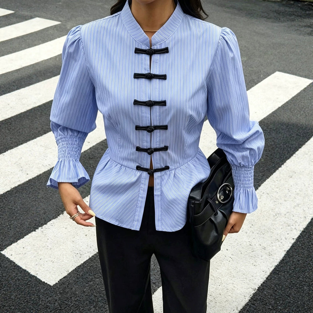cross-border fashionable striped button-down shirt with ruffle sleeves and cinched waist – versatile style for us and european export