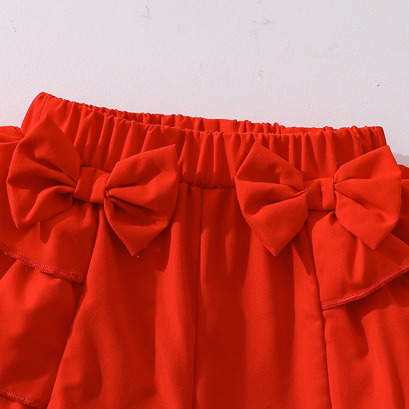 girls' clothing set:  summer new style - chic kids' flutter sleeve top with bow and layered hem shorts