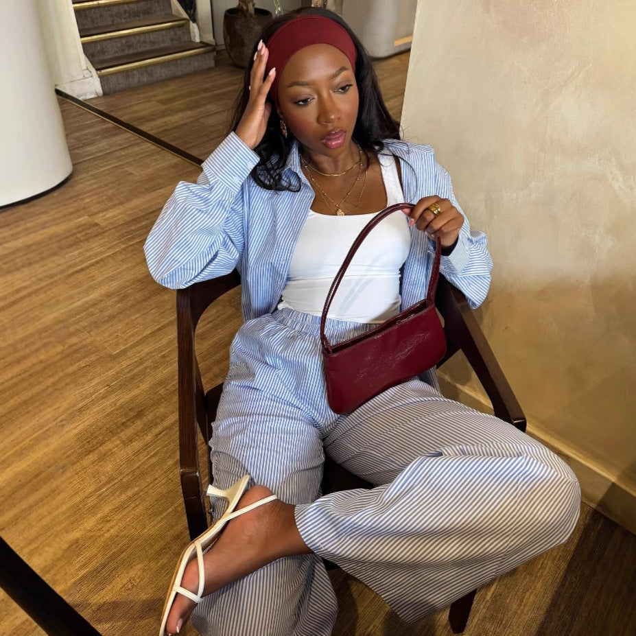 European and American large size casual long-sleeved cardigan striped shirt women's African style wide-leg trousers temperament versatile two-piece set