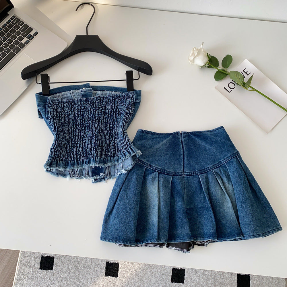 Western cowboy style bandeau vest pleated skirt two-piece set - women's spring/summer slimming, age-defying, and versatile outfit