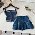Western cowboy style bandeau vest pleated skirt two-piece set - women's spring/summer slimming, age-defying, and versatile outfit