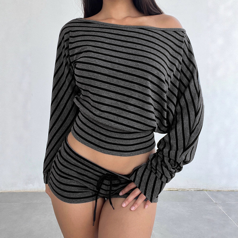American retrostripesprintingloose shoulder t-shirt women's autumexporteasiest for matchins waist new arrivaltops