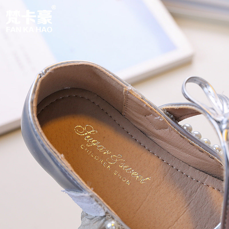 Vancahao girls' lace bow princess shoes, new autumn  collection, kids' silver soft sole single shoes, leather shoes