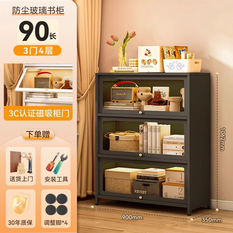 Steel bookcase with glass doors, kids' bookshelf, home living room storage cabinet, dustproof display cabinet, iron art shelf