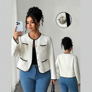 Elegant tweed styleplus sizeoutwear round neck contrast color hemming multi-flap pocket pants metal buckle tweed women's shortjacket