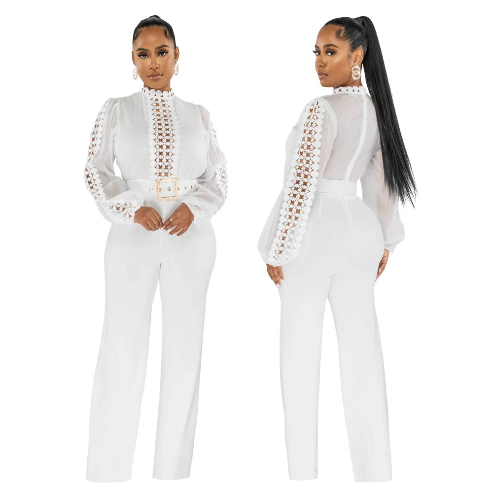 CY900533 European and American wish party style turtleneck hollow, perspective long-sleeved top, fashionable loose jumpsuit women