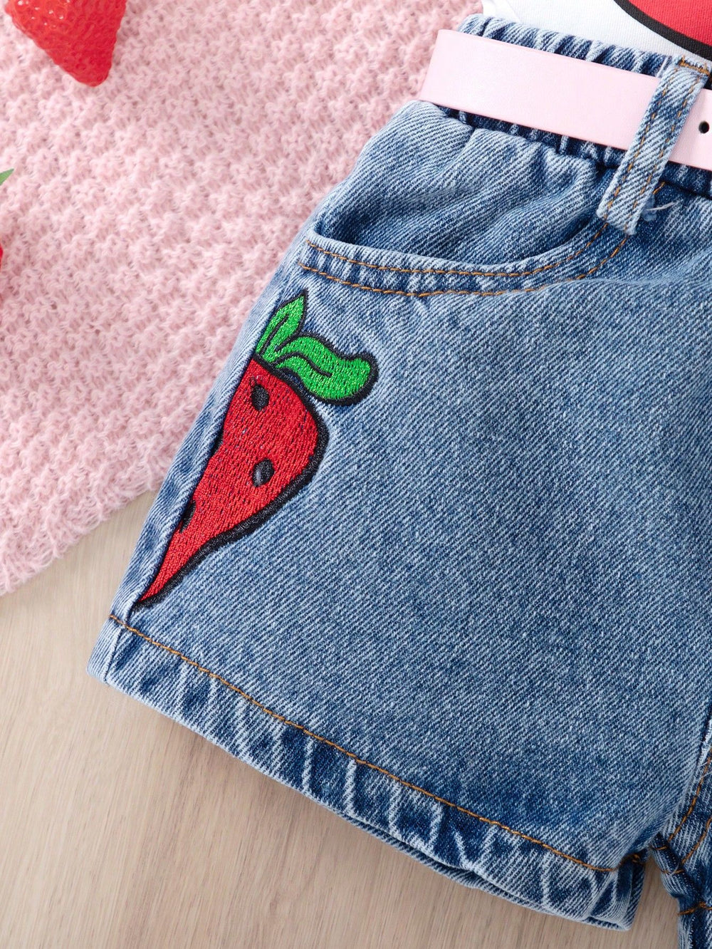 hot-selling baby & toddler cute strawberry print top + heavily embroidered denim short set for girls