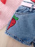 hot-selling baby & toddler cute strawberry print top + heavily embroidered denim short set for girls