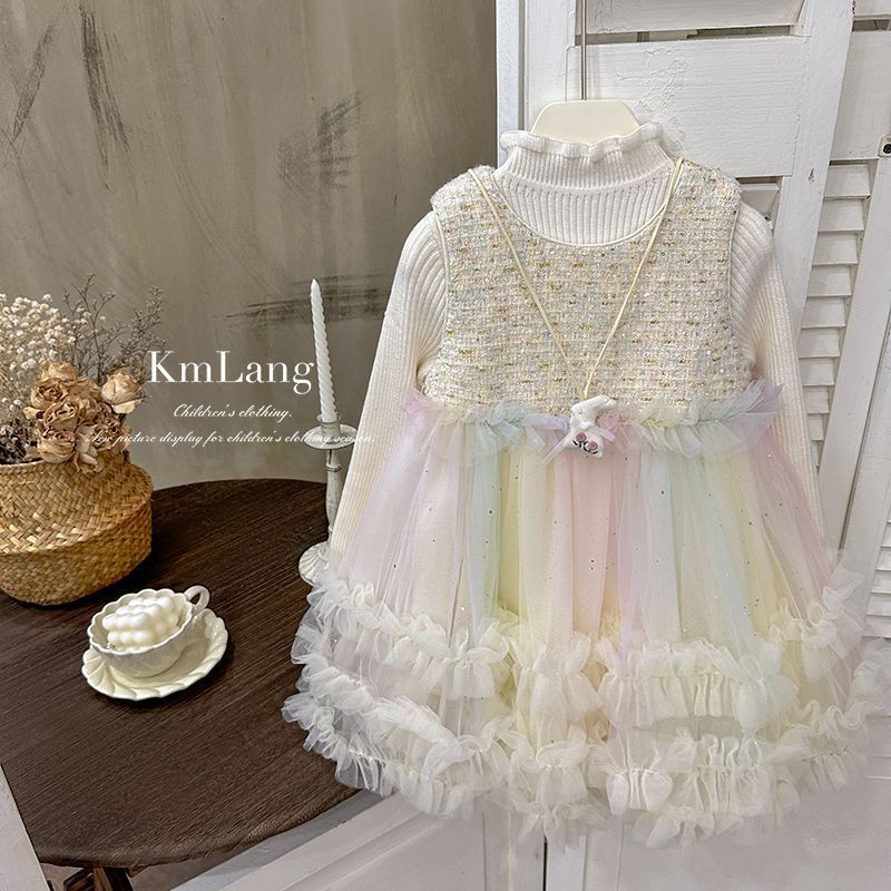 Girls' dress  tulle skirt cake princess dress fleece-lined chic and stylish formal gown
