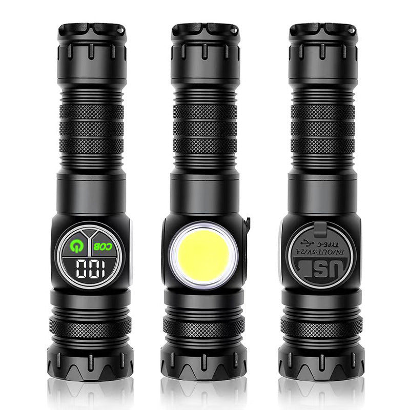 Cross-border white laser strong light flashlight Type-C charging screen display strong magnetic COB side light double switch LED flashlight