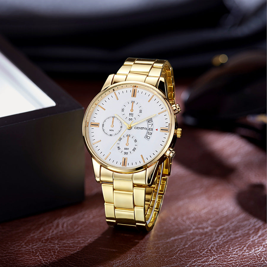 watch fake three-eye men steel band watch business casual calendar quartz watch men's in stock