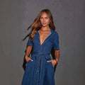 Amazon independent station cross-border women's casual casual short sleeve lapel denim a-line dresshigh waistslimming look