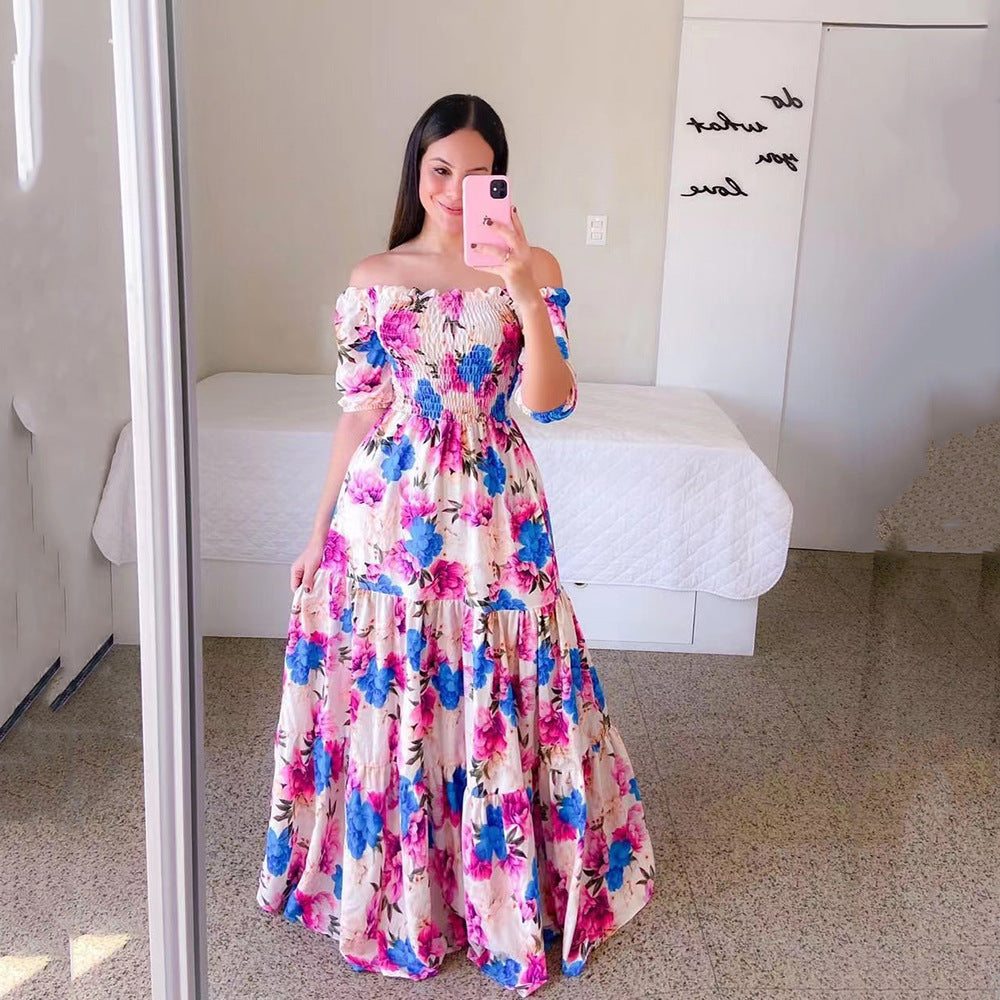 new spring/summer cross-border fashion: european and american style women's one-shoulder floral print maxi dress - off-the-shoulder fairy dress