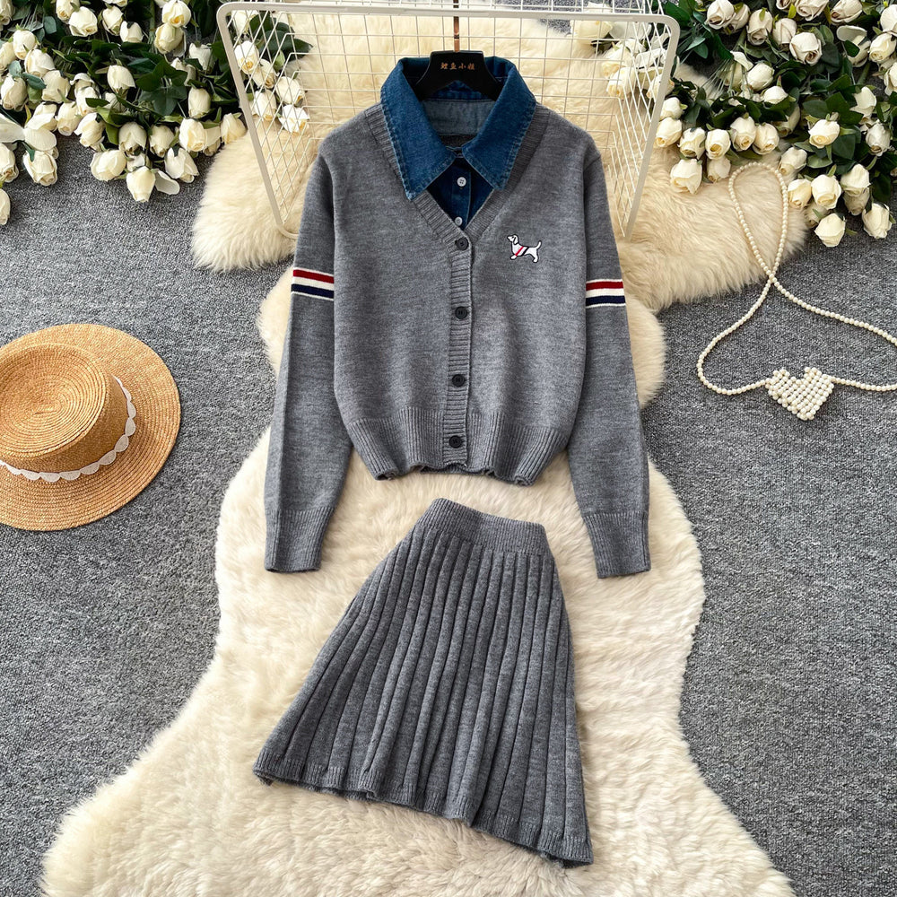 Preppy style embroider dog patchwork denim collar fake two-piece knittingcardiganpleated skirtautumslimming looksuit