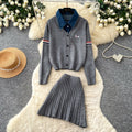 Preppy style embroider dog patchwork denim collar fake two-piece knittingcardiganpleated skirtautumslimming looksuit