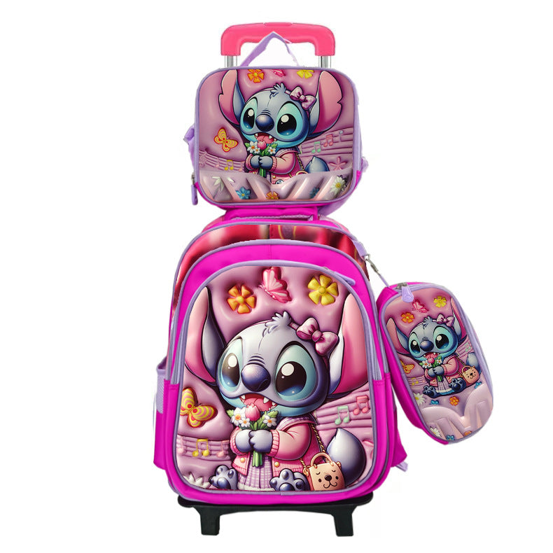New arrival concave and convex leather primary school student pull rod school bag for grades 3 to 6 kids cartoon three-piece set backpack in stock