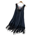 Bohemian tassel crochet dress - women's summer korean style v-neck embroidered vacation maxi dress - high waist slimming
