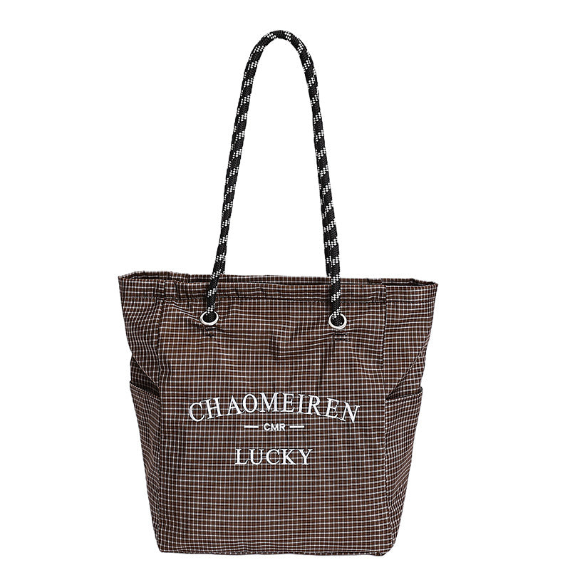 Korean style minimalist canvas tote bag for women, 2025 new arrival, super popular large capacity tote, plaid striped versatile shoulder bag