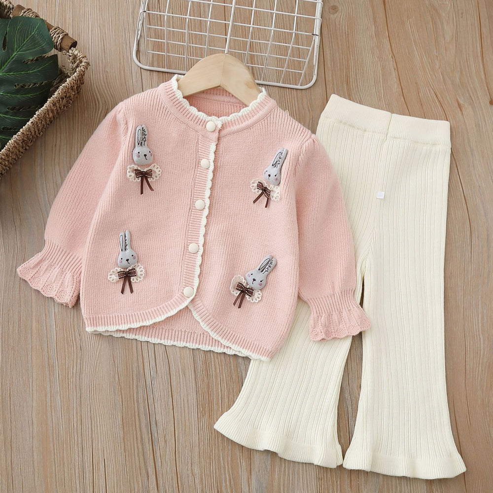 Girls' knitted sweater two-piece set -  autumn/winter new cartoon bunny sweet knitwear outfit for little girls
