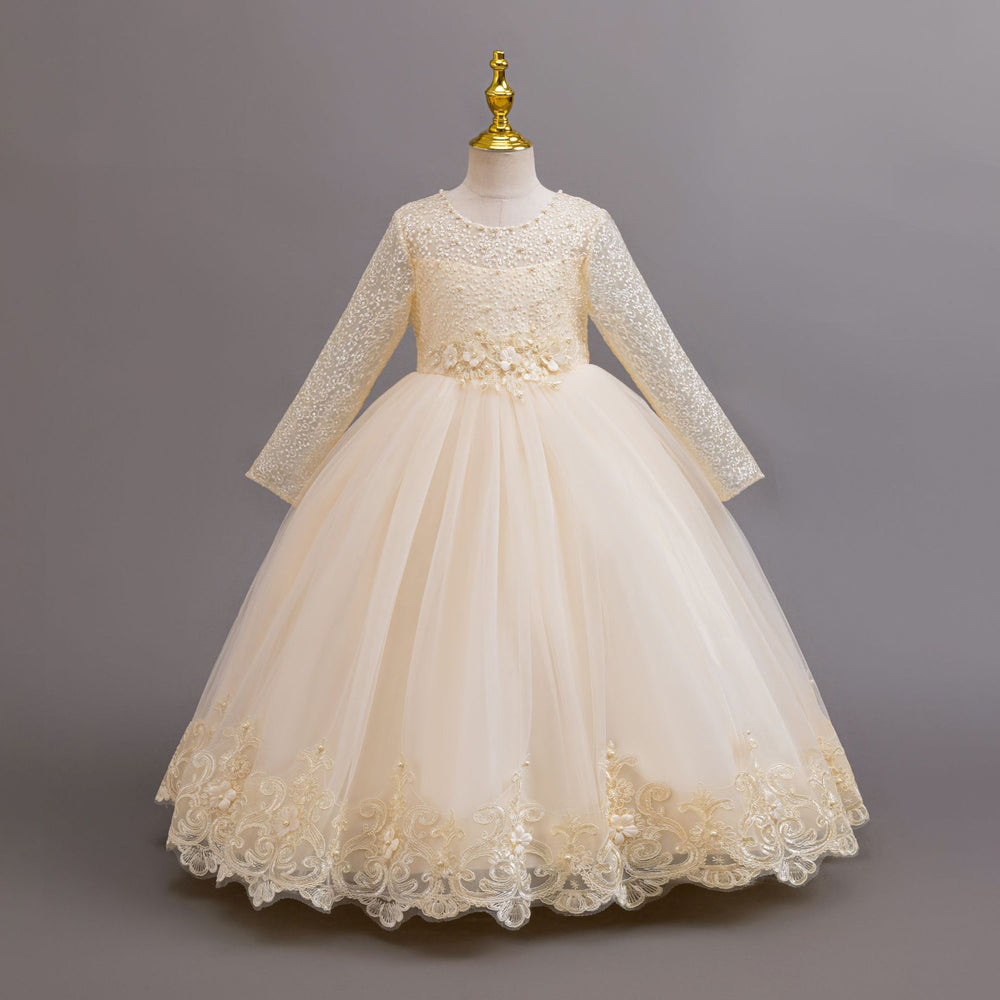 New in stock long sleeveslacekids dress wedding dress princess dress female flower girl birthday dress kids dress