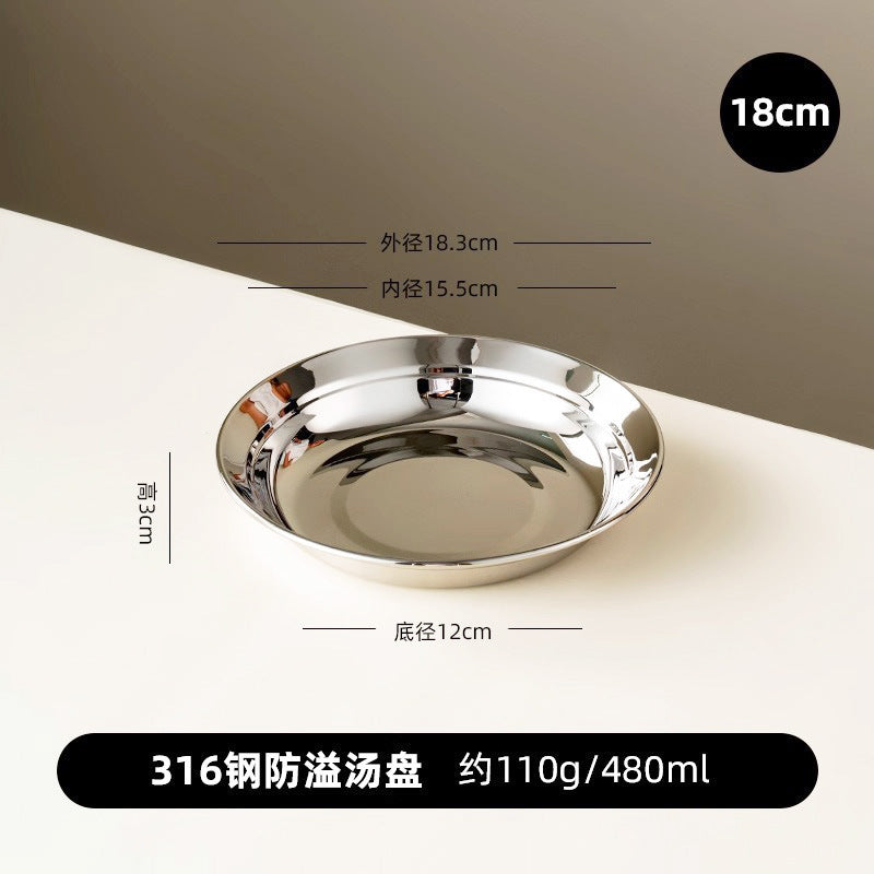 Factory direct wholesale food-grade tableware: 316 stainless steel flat-bottom round dishes, steaming trays, deep soup bowls, and fruit bowls for home use