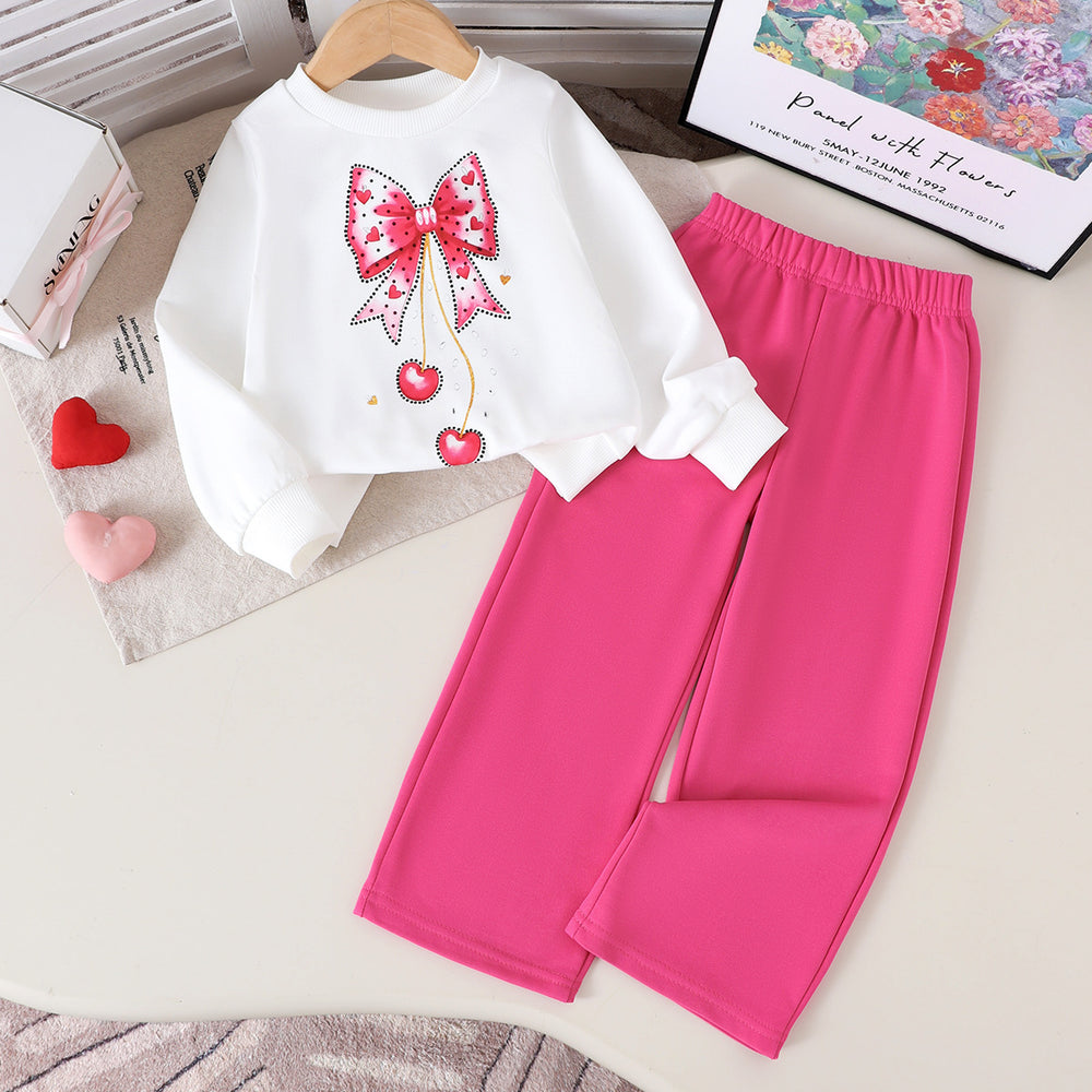 Kids clothing new arrivalfashionspring & fallgirlwhitelong sleevessweatshirt+rose redpants