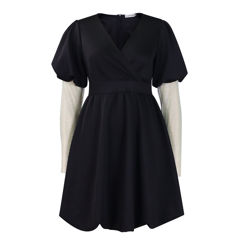 D495   european and american foreign trade women's v-neck flared bubble sleeve evening gown bridesmaid dress