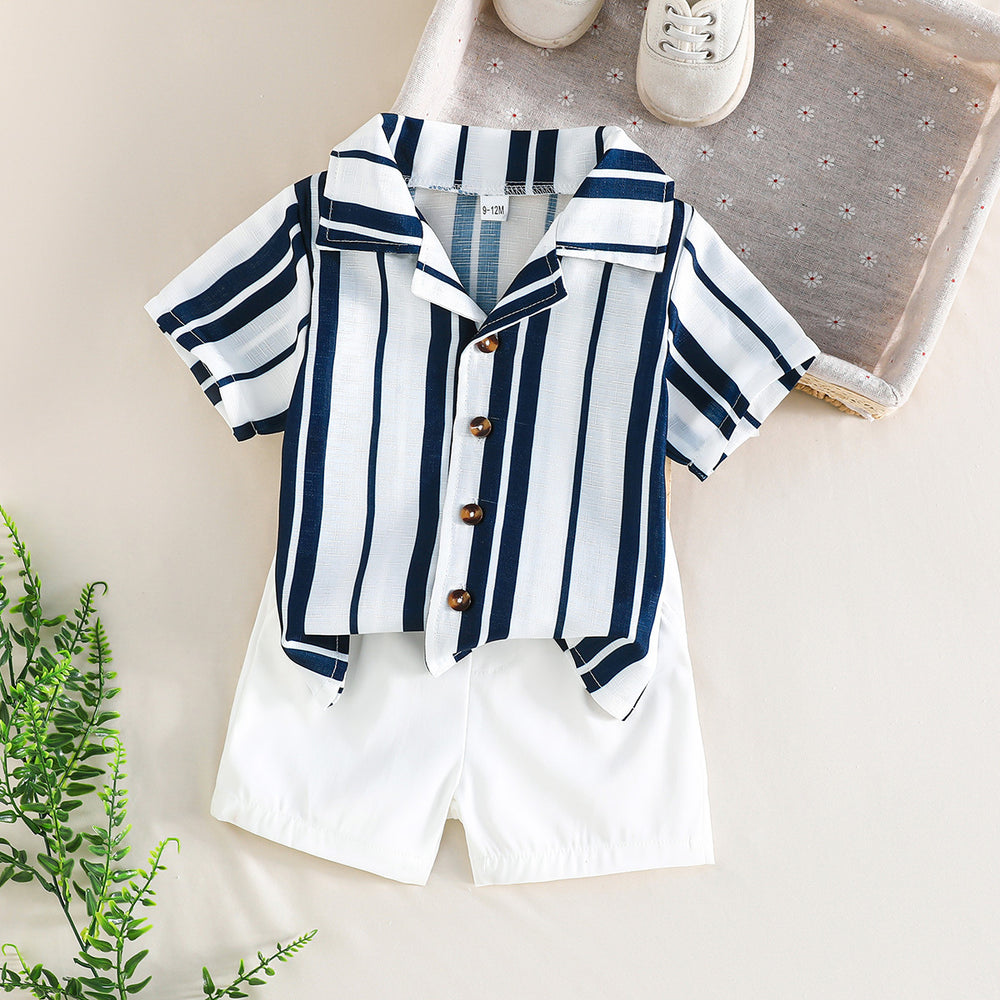 cross-border bestseller: baby & toddler casual shirt set - breathable pinstripe top + solid color shorts