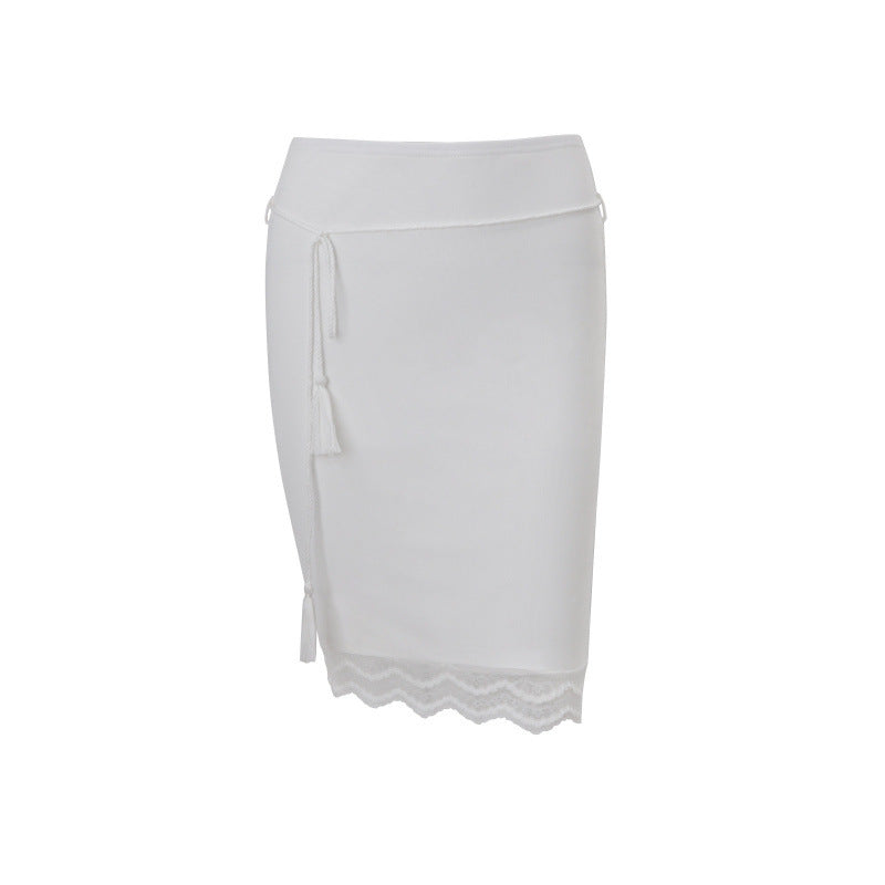 European and american women's clothing  spring new collection: sweet & sexy lace trim tie-up top with bodycon mini skirt set