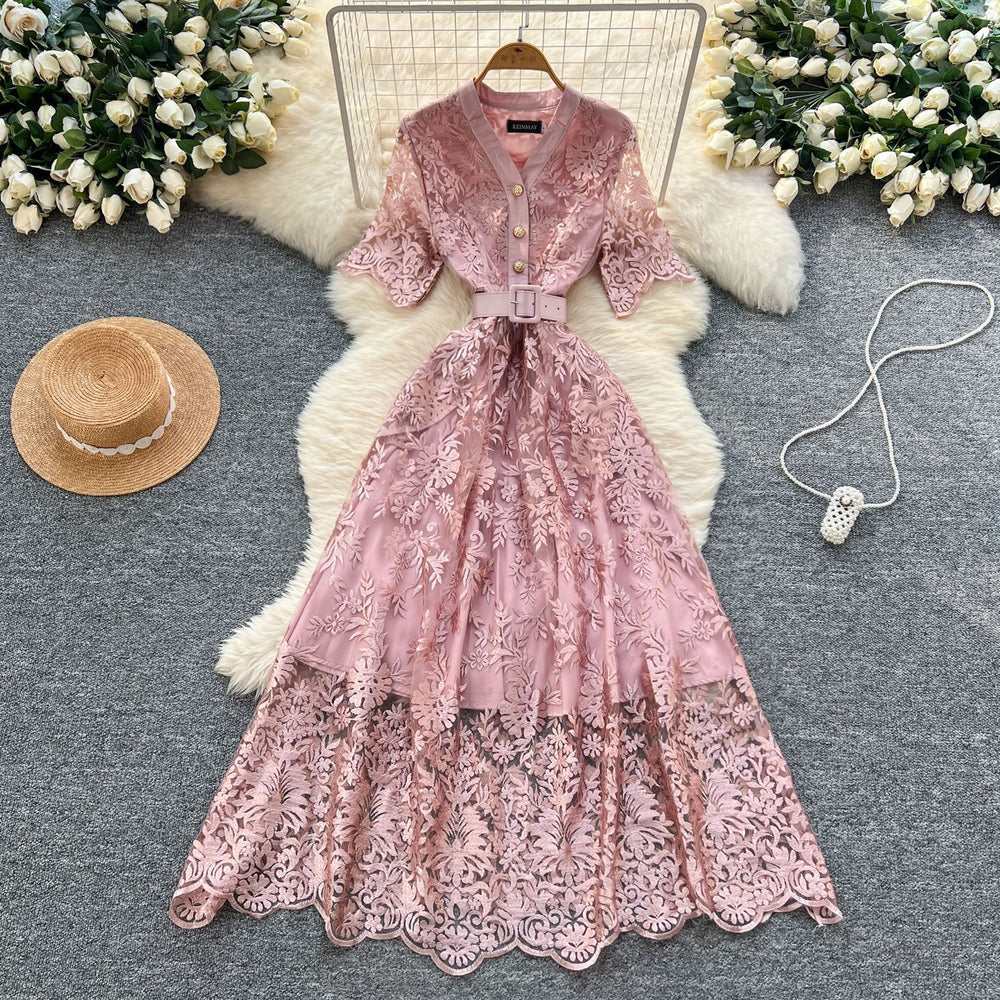 French chic high-end v-neck short sleeve lace waist dress - women's summer slimming elegant maxi dress