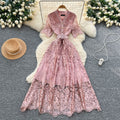 French chic high-end v-neck short sleeve lace waist dress - women's summer slimming elegant maxi dress