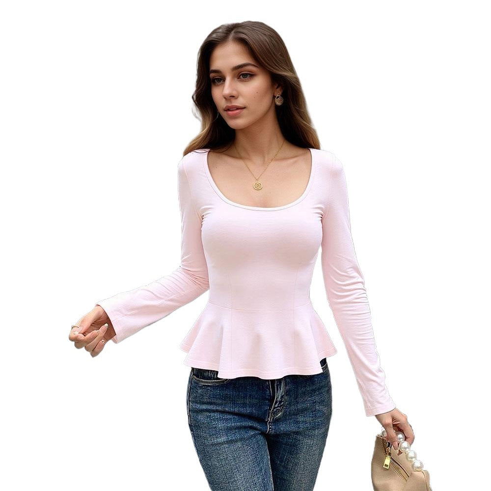 cross-border fashion new u-neck long sleeve t-shirt for independent us/european online stores - pure & sultry slim fit hot girl ruffle t-shirt