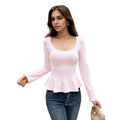 cross-border fashion new u-neck long sleeve t-shirt for independent us/european online stores - pure & sultry slim fit hot girl ruffle t-shirt