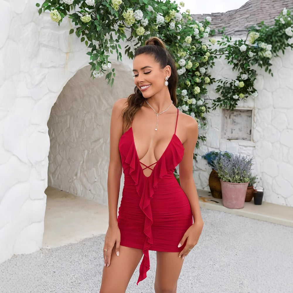European and american cross-border women's spring  solid color v-neck sexy spaghetti strap backless bodycon ruffle trim mini dress