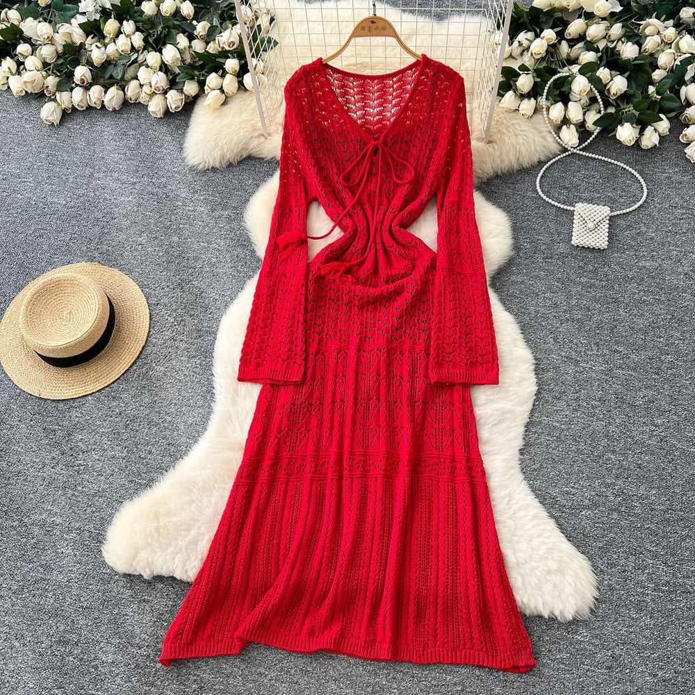 Korean chic sweet & gentle style hollow-out crochet lace-up v-neck long sleeve knitted dress - women's high-end maxi dress