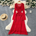 Korean chic sweet & gentle style hollow-out crochet lace-up v-neck long sleeve knitted dress - women's high-end maxi dress