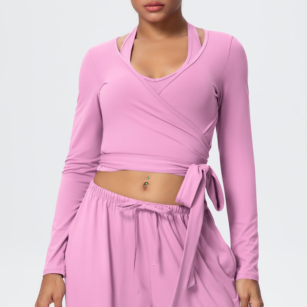 New brushed fabric tie-up long sleeve sports bra with open back, drawstring wide-leg loose pants, outdoor casual fitness outfit