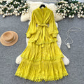 Frenchclassyretrolacepatchwork lantern sleeve dress women's autum strap waist slimming lookelegance long dress