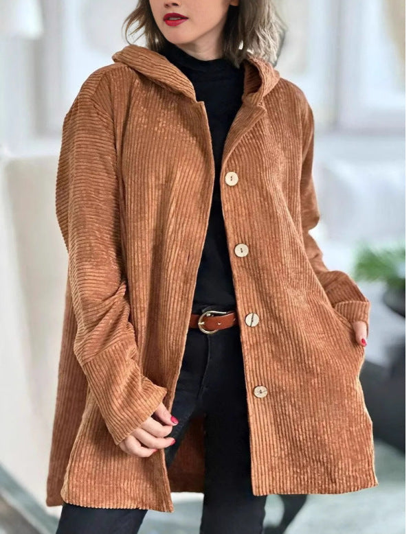 cross-border fashion women's autumn/winter new arrivals: -style hooded, loose-fit corduroy casual jacket for women
